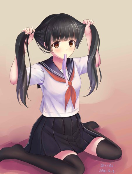 Anime picture 2894x3834 with original qi==qi single long hair tall image blush highres black hair sitting twintails holding brown eyes looking away mouth hold wariza holding hair ribbon in mouth girl thighhighs uniform