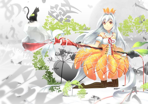 Anime picture 1200x850 with original yoshino ryou single long hair red eyes white hair girl thighhighs dress plant (plants) cat