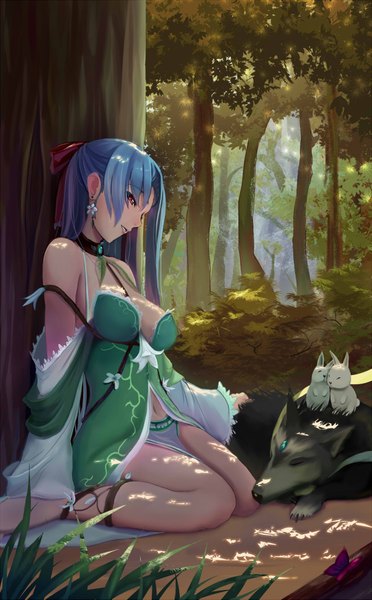 Anime picture 1200x1935 with original hyui cf2 single long hair tall image blue eyes light erotic red eyes sitting bare shoulders cleavage barefoot girl navel plant (plants) detached sleeves earrings animal tree (trees) insect