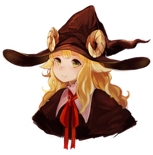 Anime picture 2480x2521 with original ikoan single long hair tall image looking at viewer fringe highres simple background blonde hair white background yellow eyes upper body horn (horns) light smile portrait wavy hair girl hat witch hat