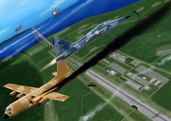 イラスト 3507x2480 と ace combat thompson highres signed absurdres 空 smoke flying battle 戦争 武器 地上車 飛行機 戦車 jet f-5