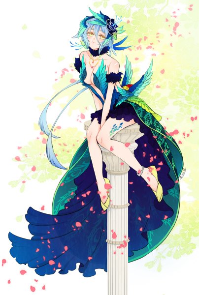 Anime picture 808x1200 with original shinzui (artist) single tall image looking at viewer blush fringe short hair breasts blue eyes smile large breasts sitting bare shoulders yellow eyes cleavage hair flower cherry blossoms body blush girl