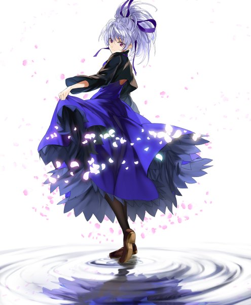 Anime picture 1100x1334 with darker than black studio bones yin (darker than black) kabocha (monkey4) single long hair tall image red eyes white background silver hair girl dress ribbon (ribbons) hair ribbon petals