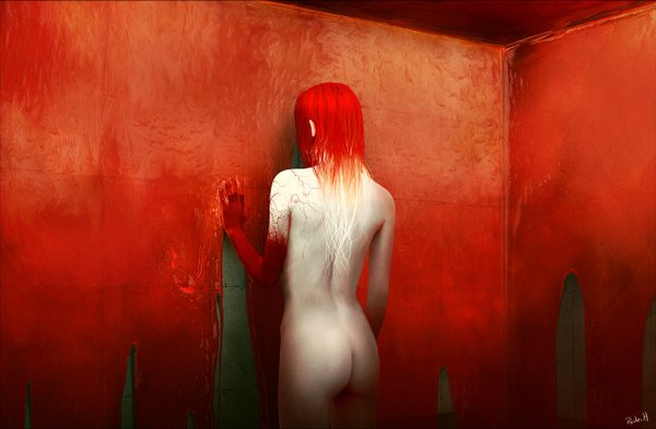 Anime picture 1280x839 with original ryohei hase single long hair light erotic red hair wallpaper back girl blood wall