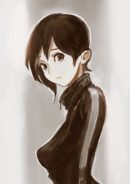 Anime picture 2480x3508 with original okuto single tall image looking at viewer fringe highres short hair breasts black hair simple background upper body black eyes grey background girl