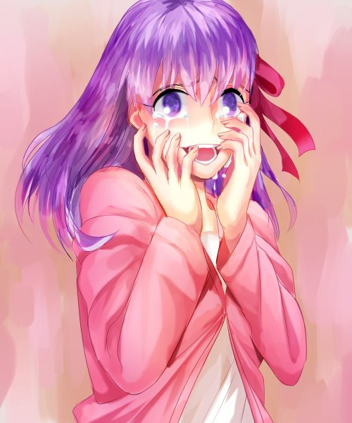Anime picture 1000x1200 with fate (series) fate/stay night type-moon matou sakura kkuwa single long hair tall image fringe open mouth purple eyes looking away purple hair tears crying hands on face crazy smile girl ribbon (ribbons) hair ribbon