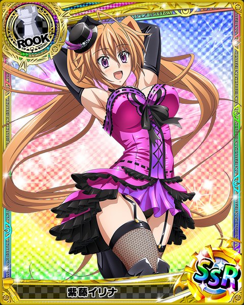 Anime picture 640x800 with highschool dxd shidou irina single tall image looking at viewer blush breasts open mouth light erotic brown hair large breasts purple eyes twintails very long hair pantyshot card (medium) girl thighhighs dress gloves