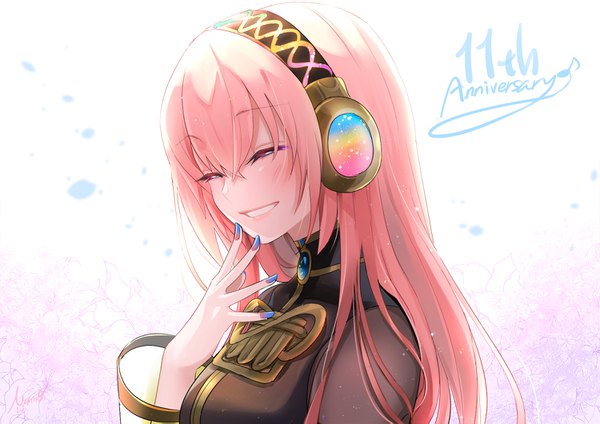 Anime picture 1500x1061 with vocaloid megurine luka mamo (fortune-mm) single long hair fringe smile hair between eyes pink hair upper body eyes closed nail polish grin happy hand to mouth anniversary girl headphones