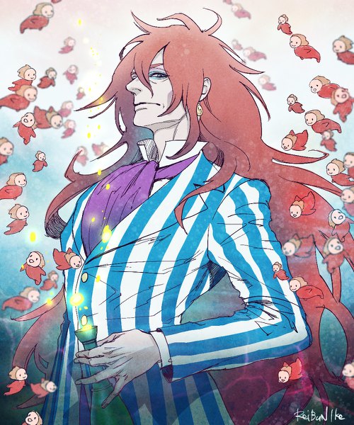 Anime picture 1000x1200 with gake no ue no ponyo studio ghibli fujimoto i reibun long hair tall image looking at viewer fringe hair between eyes signed red hair lips striped eyeshadow messy hair boy earrings bubble (bubbles) bottle ascot