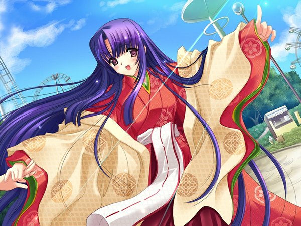 Anime picture 1024x768 with houou senki maimu blush open mouth brown eyes game cg purple hair very long hair girl