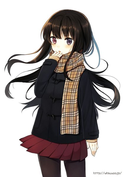 Anime picture 566x800 with original midorikawa you single long hair tall image looking at viewer blush fringe open mouth black hair simple background white background signed pleated skirt mole heterochromia floating hair mole under mouth plaid girl