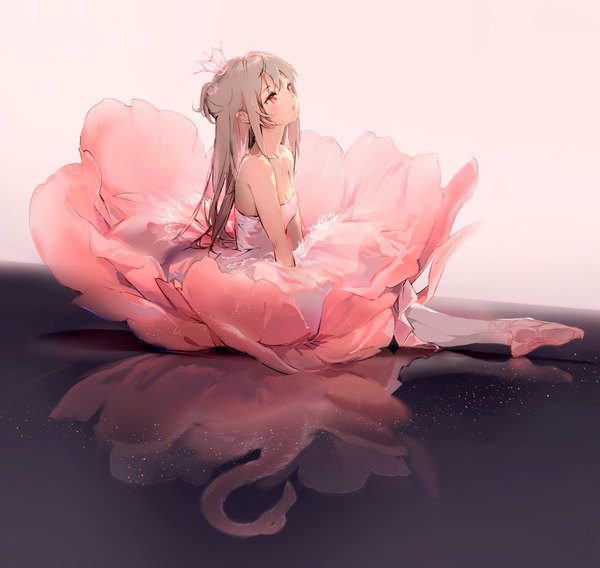 Anime picture 2652x2512 with original anmi single long hair fringe highres open mouth simple background sitting bare shoulders payot full body ahoge pink eyes grey hair looking down reflection half updo different reflection ballerina