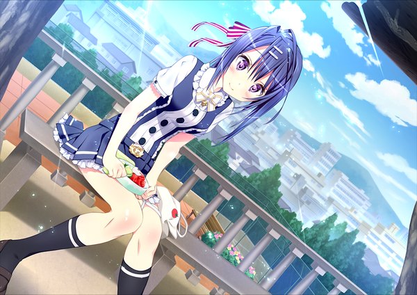 Anime picture 1024x725 with friends (game) single blush short hair sitting purple eyes blue hair game cg body blush girl uniform hair ornament school uniform socks food black socks bobby pin obento