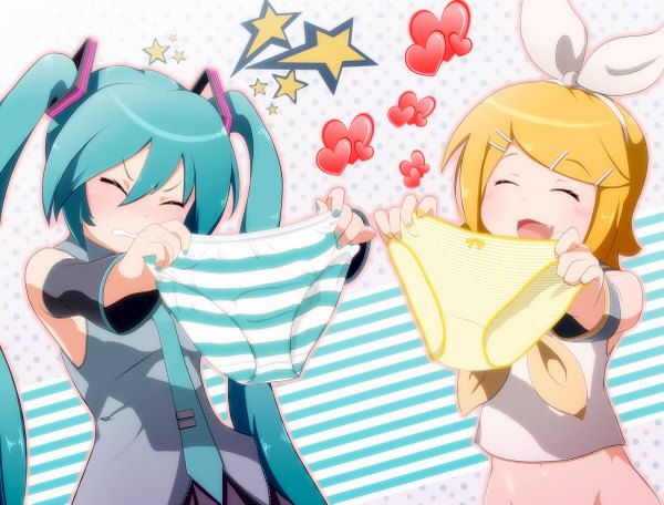 Anime picture 1200x913 with vocaloid hatsune miku kagamine rin tadahama (artist) long hair blush short hair open mouth light erotic blonde hair smile twintails bare shoulders multiple girls eyes closed nail polish aqua hair teeth fang (fangs) girl