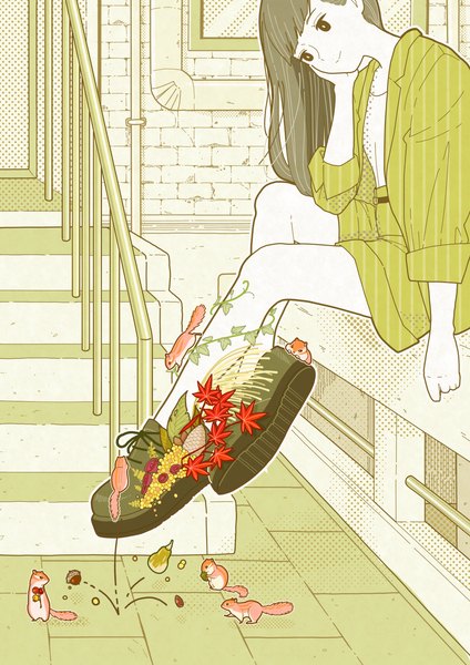 Anime picture 2315x3274 with original yoshimon single long hair tall image highres black hair sitting full body black eyes striped head rest autumn brick wall girl animal shoes leaf (leaves) stairs railing
