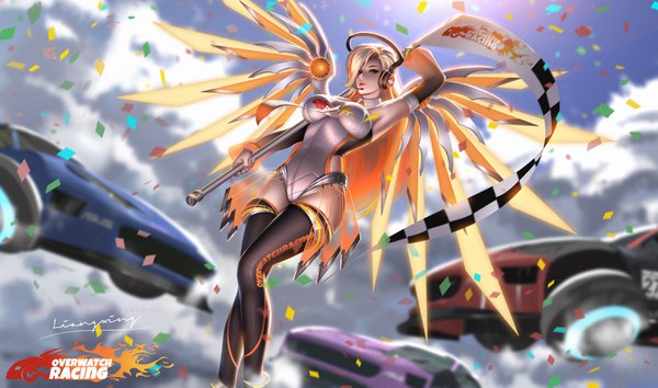 Anime picture 1920x1133 with overwatch blizzard entertainment mercy (overwatch) liang xing single long hair looking at viewer fringe highres blue eyes light erotic blonde hair wide image holding signed sky cloud (clouds) multicolored hair arm up blurry