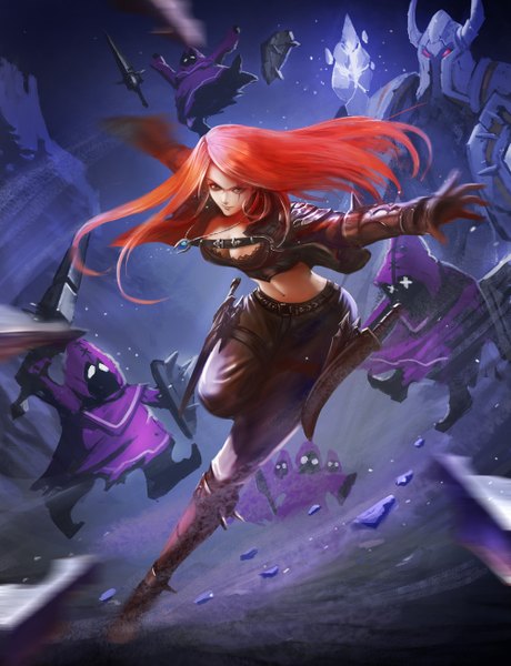 Anime picture 1000x1302 with league of legends katarina (league of legends) turewindwalker long hair tall image breasts brown eyes red hair horn (horns) realistic open clothes open jacket scar running girl gloves navel weapon sword jacket