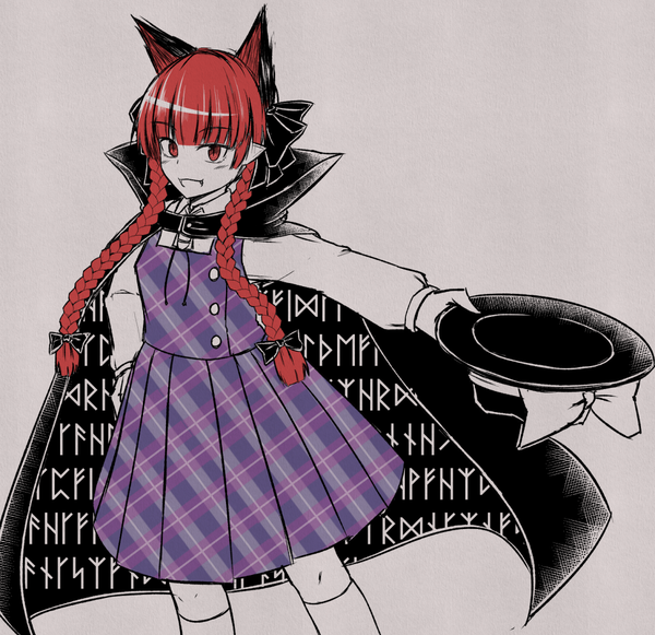 Anime picture 1200x1162 with touhou kaenbyou rin usami sumireko ganmaganmo single long hair looking at viewer fringe open mouth simple background smile red eyes animal ears red hair blunt bangs braid (braids) :d pointy ears cat ears grey background
