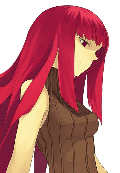 Anime picture 693x1000 with original hama2224 single long hair tall image fringe simple background white background bare shoulders red hair profile pink eyes sleeveless looking down girl turtleneck