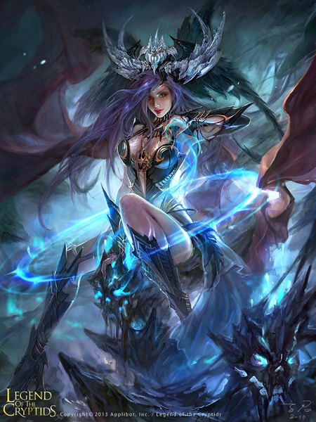 Anime picture 825x1100 with legend of the cryptids zinnadu single long hair tall image looking at viewer fringe sitting signed purple hair hair over one eye inscription magic silver eyes head wings face paint girl gloves ribbon (ribbons) wings