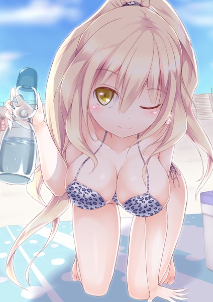 Anime picture 800x1131 with original josephine (artist) single long hair tall image looking at viewer blush fringe breasts light erotic blonde hair smile hair between eyes large breasts bare shoulders holding yellow eyes payot sky cloud (clouds)