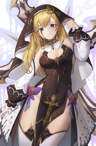 Anime picture 1300x1963 with original hyun9164 single long hair tall image looking at viewer fringe breasts light erotic blonde hair hair between eyes parted lips head tilt arm up black eyes puffy sleeves no panties covered navel symbol-shaped pupils side slit