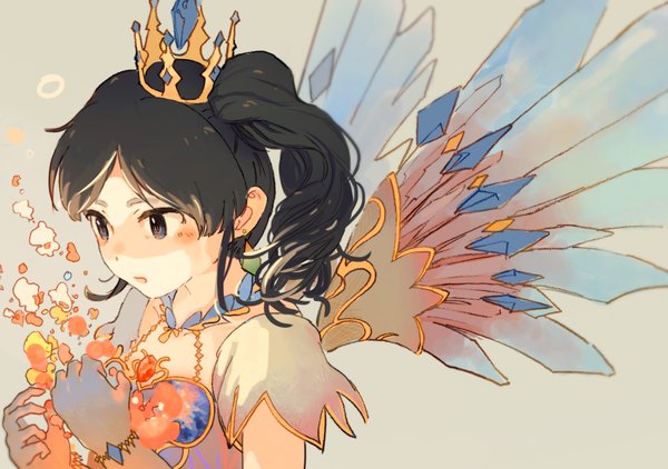 Anime picture 1135x800 with aikatsu! kiriya aoi imago single short hair open mouth black hair simple background black eyes grey background side ponytail looking down wavy hair alternate hair color girl wings crown flame