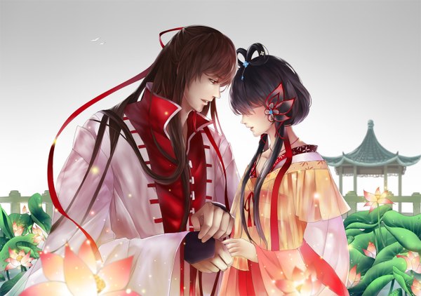 Anime picture 1400x986 with vocaloid vocaloid china luo tianyi yuezheng ling yi denka yi dianxia long hair fringe black hair red eyes brown hair profile hair over one eye grey background couple holding hands face to face hair over eyes girl boy
