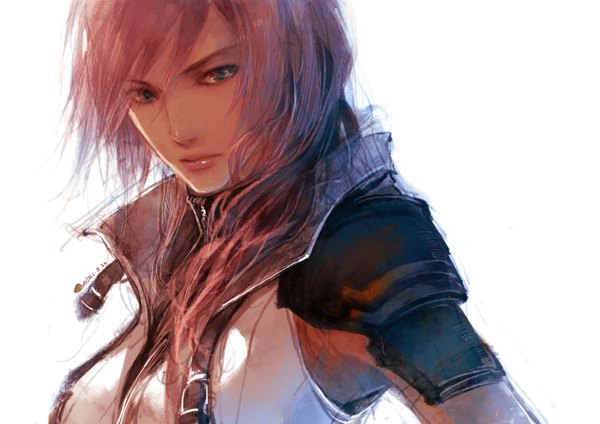 Anime picture 1276x902 with final fantasy final fantasy xiii square enix lightning farron ibuki satsuki single long hair looking at viewer fringe breasts simple background white background pink hair lips close-up girl