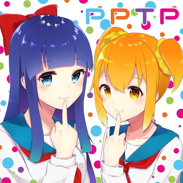 Anime picture 1000x1000 with poptepipic pipimi popuko gyozanuko long hair looking at viewer fringe short hair blue eyes blonde hair twintails multiple girls yellow eyes blue hair upper body blunt bangs finger to mouth short twintails middle finger girl