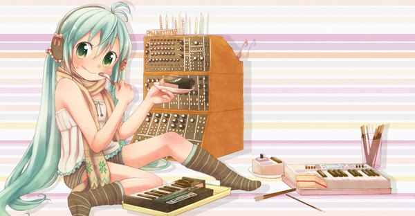 Anime picture 1151x599 with vocaloid hatsune miku shinryou rei single long hair looking at viewer blush smile wide image sitting twintails bare shoulders green eyes ahoge aqua hair girl socks shorts sweets headphones