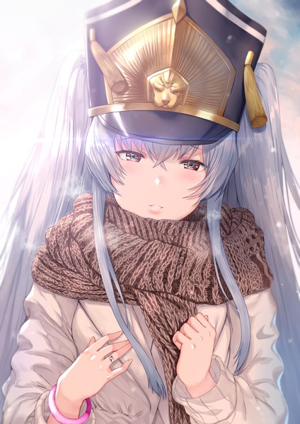Anime picture 3471x4910 with re:creators altair (re:creators) hews single long hair tall image looking at viewer blush fringe highres hair between eyes brown eyes payot absurdres silver hair upper body long sleeves parted lips two side up backlighting
