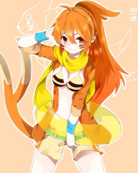 Anime picture 1200x1500 with pokemon moemon nintendo buizel takeshima eku single long hair tall image looking at viewer breasts light erotic simple background smile brown eyes ahoge ponytail tail orange hair facial mark striped