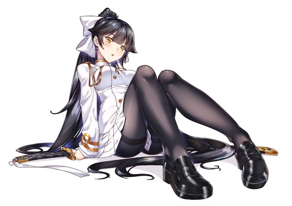 Anime picture 1754x1240 with azur lane takao (azur lane) merufena single blush fringe highres breasts light erotic black hair simple background hair between eyes white background sitting yellow eyes ponytail long sleeves very long hair parted lips arm support