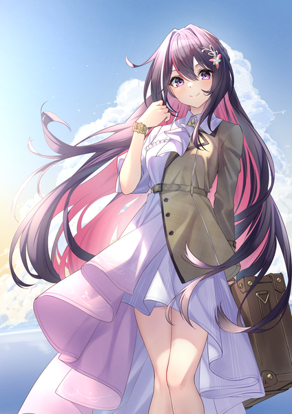 Anime picture 1736x2456 with virtual youtuber hololive azki (hololive) azki (4th costume) (hololive) tsurupy single long hair tall image looking at viewer fringe highres black hair smile hair between eyes pink hair sky cloud (clouds) multicolored hair two-tone hair streaked hair