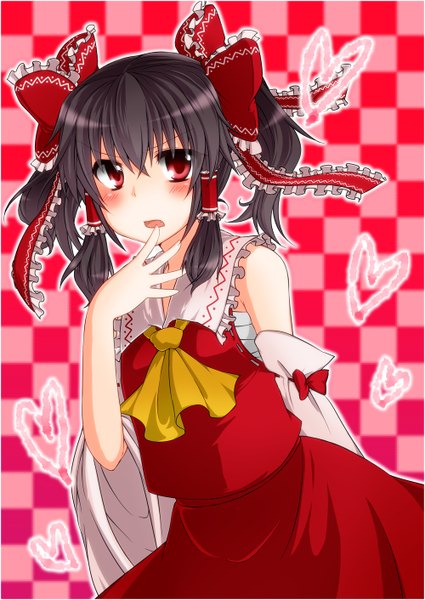 Anime picture 1000x1412 with touhou hakurei reimu monrooru single tall image short hair black hair red eyes twintails finger to mouth girl dress skirt bow hair bow detached sleeves skirt set