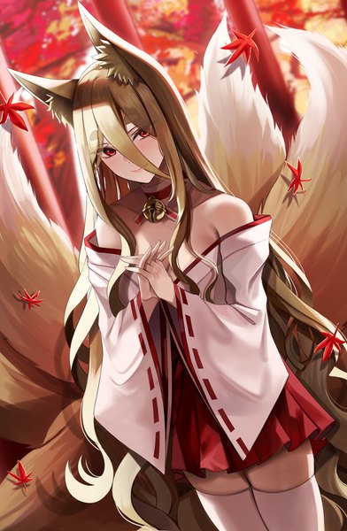 Anime picture 2000x3061 with original nicky w single long hair tall image looking at viewer blush fringe highres smile hair between eyes red eyes brown hair standing bare shoulders animal ears cleavage outdoors tail very long hair