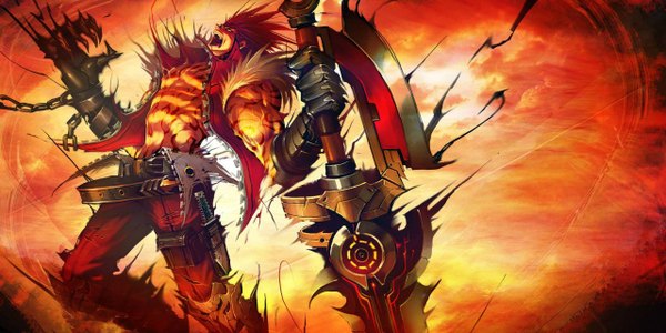 Anime picture 1280x640 with kritika berserker (kritika) single long hair open mouth wide image standing sky cloud (clouds) red hair official art bare belly looking up muscle screaming boy gloves weapon sword armor