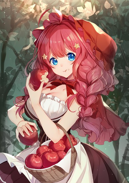 Anime picture 1000x1414 with go-toubun no hanayome little red riding hood nakano itsuki little red riding hood (character) bison cangshu single long hair tall image looking at viewer fringe breasts blue eyes large breasts standing holding payot cleavage ahoge outdoors red hair