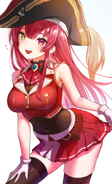 Anime picture 1200x1980 with virtual youtuber hololive houshou marine houshou marine (1st costume) kiki-yu single long hair tall image fringe open mouth simple background hair between eyes looking away red hair :d pleated skirt midriff heterochromia skirt hold girl
