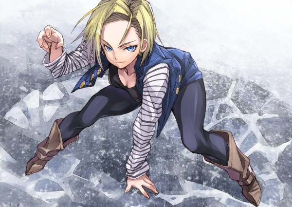 Anime picture 1200x850 with dragon ball dragon ball z android 18 matsuryuu single looking at viewer short hair blue eyes blonde hair fighting stance denim girl boots pants vest blouse