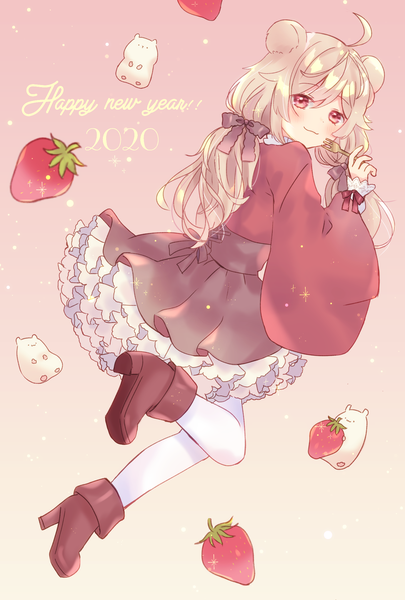 Anime picture 1377x2039 with original azarashi6 single long hair tall image looking at viewer blonde hair red eyes twintails animal ears full body ahoge low twintails turning head pink background new year happy new year 2020 girl skirt
