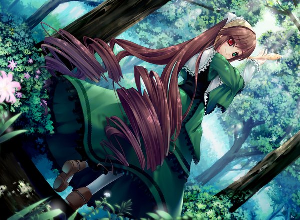 Anime picture 1500x1101 with rozen maiden suiseiseki asa (swallowtail) smile brown hair very long hair looking back heterochromia drill hair girl dress flower (flowers) tree (trees) forest