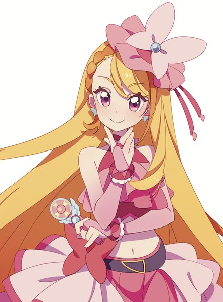 Anime picture 1597x2160 with precure hirogaru sky! precure toei animation hijiri ageha cure butterfly qianxia yell single long hair tall image looking at viewer simple background blonde hair smile white background pink eyes midriff magical girl girl skirt earrings