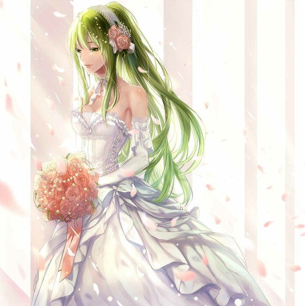 Anime picture 1000x1002 with original shirasaki single long hair tall image bare shoulders green eyes hair flower green hair looking down girl dress gloves hair ornament flower (flowers) ribbon (ribbons) petals elbow gloves white gloves headdress