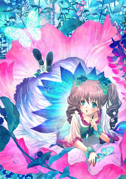 Anime picture 706x1000 with original oekaki musume (qpixiv) machi555 single long hair tall image blush open mouth brown hair twintails looking away lying hair flower aqua eyes drill hair girl dress hair ornament flower (flowers) bracelet