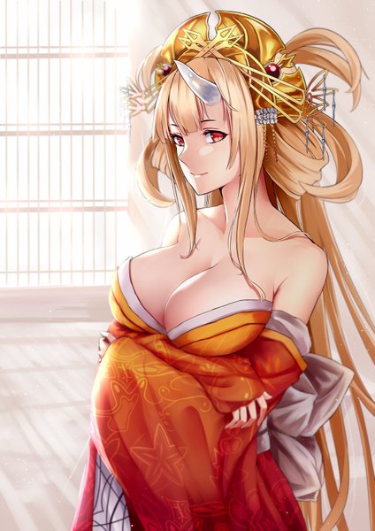 Anime picture 1200x1697 with chain chronicle sega kaminatsuki (chain chronicle) shijiu (adamhutt) single long hair tall image looking at viewer breasts light erotic blonde hair red eyes bare shoulders cleavage traditional clothes japanese clothes horn (horns) no bra floral print crossed arms