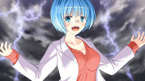 Anime picture 1280x720 with kessen! blush short hair open mouth blue eyes wide image blue hair game cg girl glasses labcoat