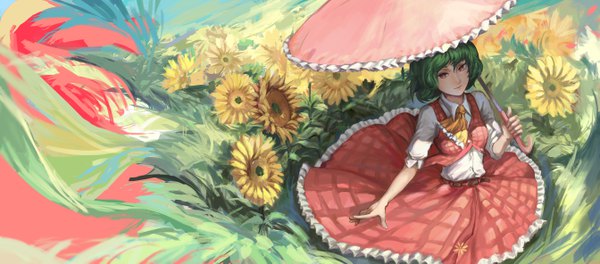 Anime picture 5370x2364 with touhou kazami yuuka jiliang ji ying single looking at viewer highres short hair smile red eyes wide image holding absurdres green hair from above outstretched arm landscape frilly skirt nature girl skirt