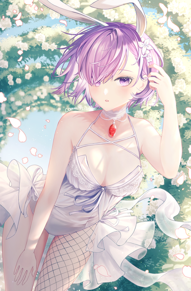 Anime picture 2067x3152 with fate (series) fate/grand order mash kyrielight tobi (pixiv41237754) single tall image looking at viewer blush fringe highres short hair breasts open mouth light erotic large breasts purple eyes animal ears purple hair outdoors arm up
